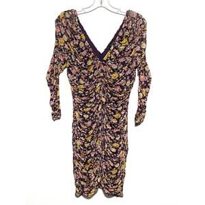 Free Press Floral Ruched Bodycon V Neck Mini Dress L Mesh Romantic Coquette Boho